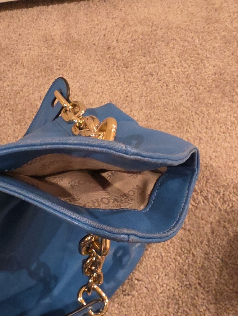 Michael Kors Blue Leather Shoulder Bag with Gold Chain Handles - Picture 9 of 12